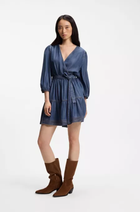 Balloon-sleeve dress with wrap front