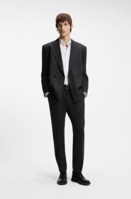 Veste de costume crois&eacute; en twill de laine m&eacute;lang&eacute;e, Noir