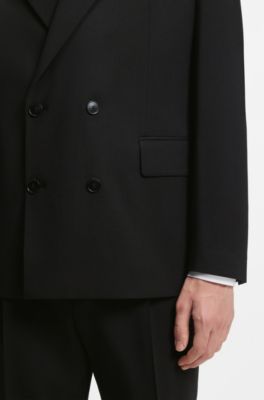 Veste de costume crois&eacute; en twill de laine m&eacute;lang&eacute;e, Noir