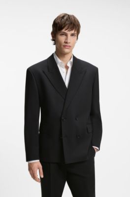 Veste de costume crois&eacute; en twill de laine m&eacute;lang&eacute;e, Noir