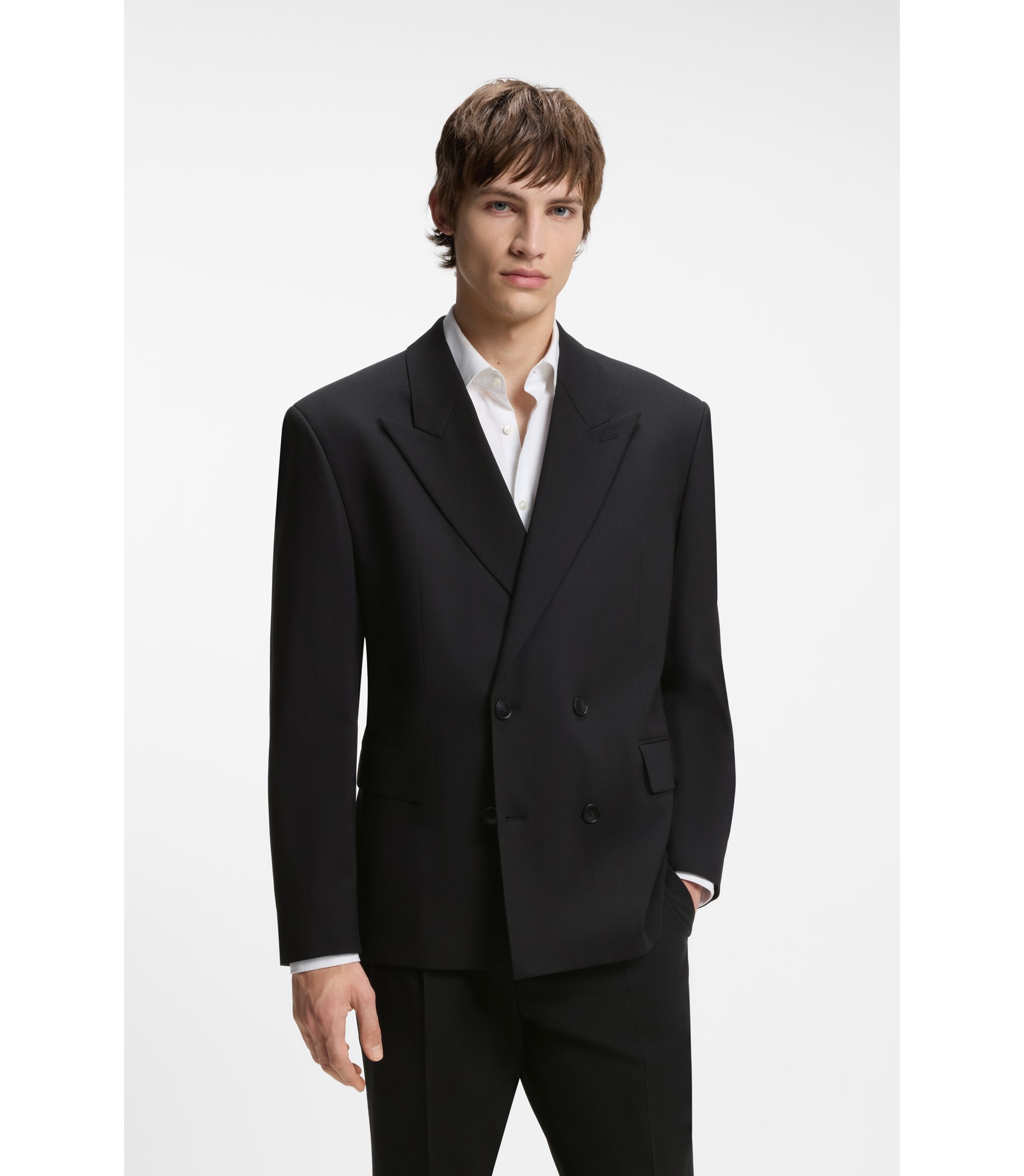 HUGO - Double-breasted suit jacket in wool-blend twill - Black