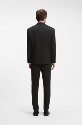 Veste de costume crois&eacute; en twill de laine m&eacute;lang&eacute;e, Noir