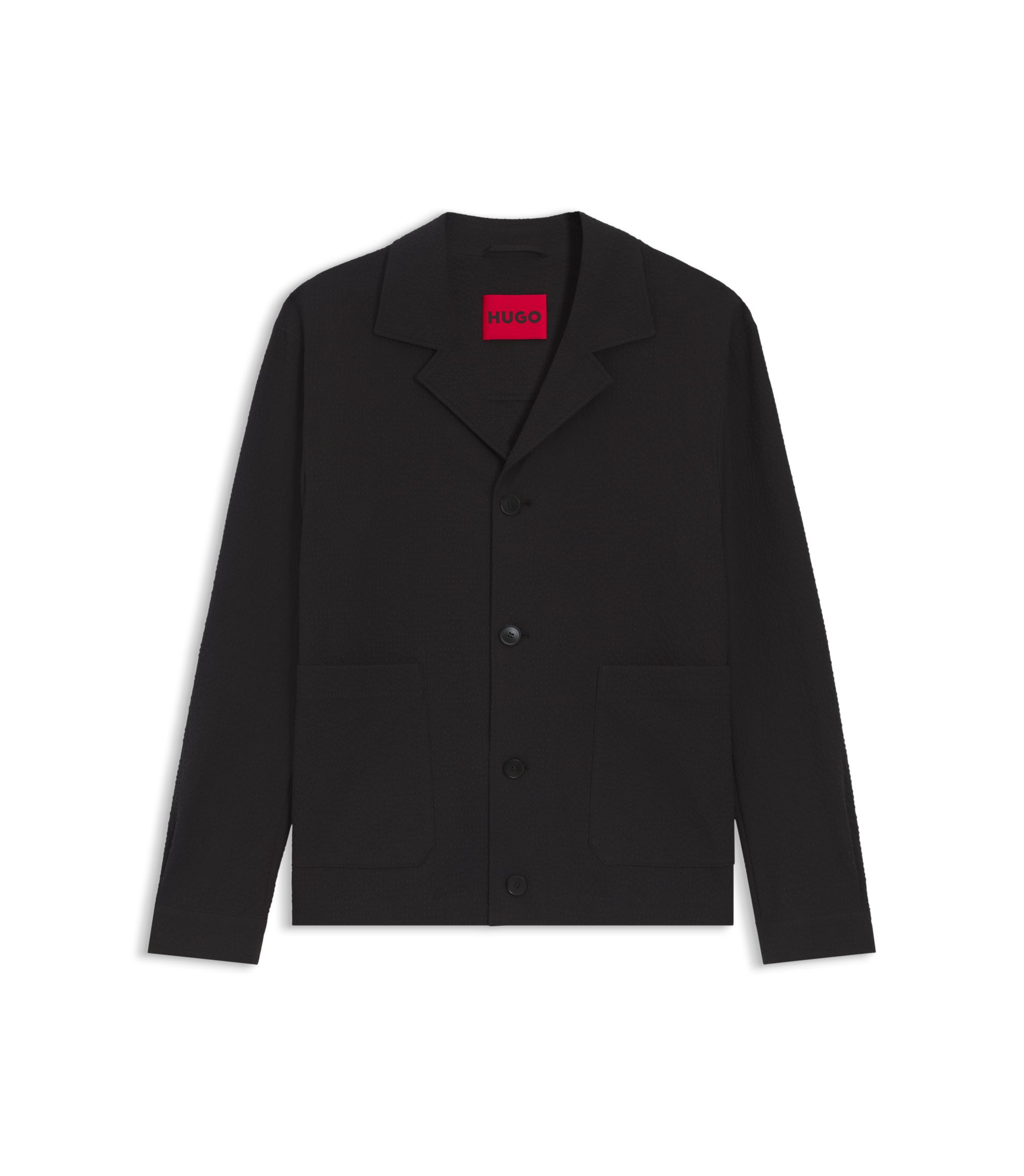 HUGO - Modern-fit jacket in stretch-cotton seersucker - Black
