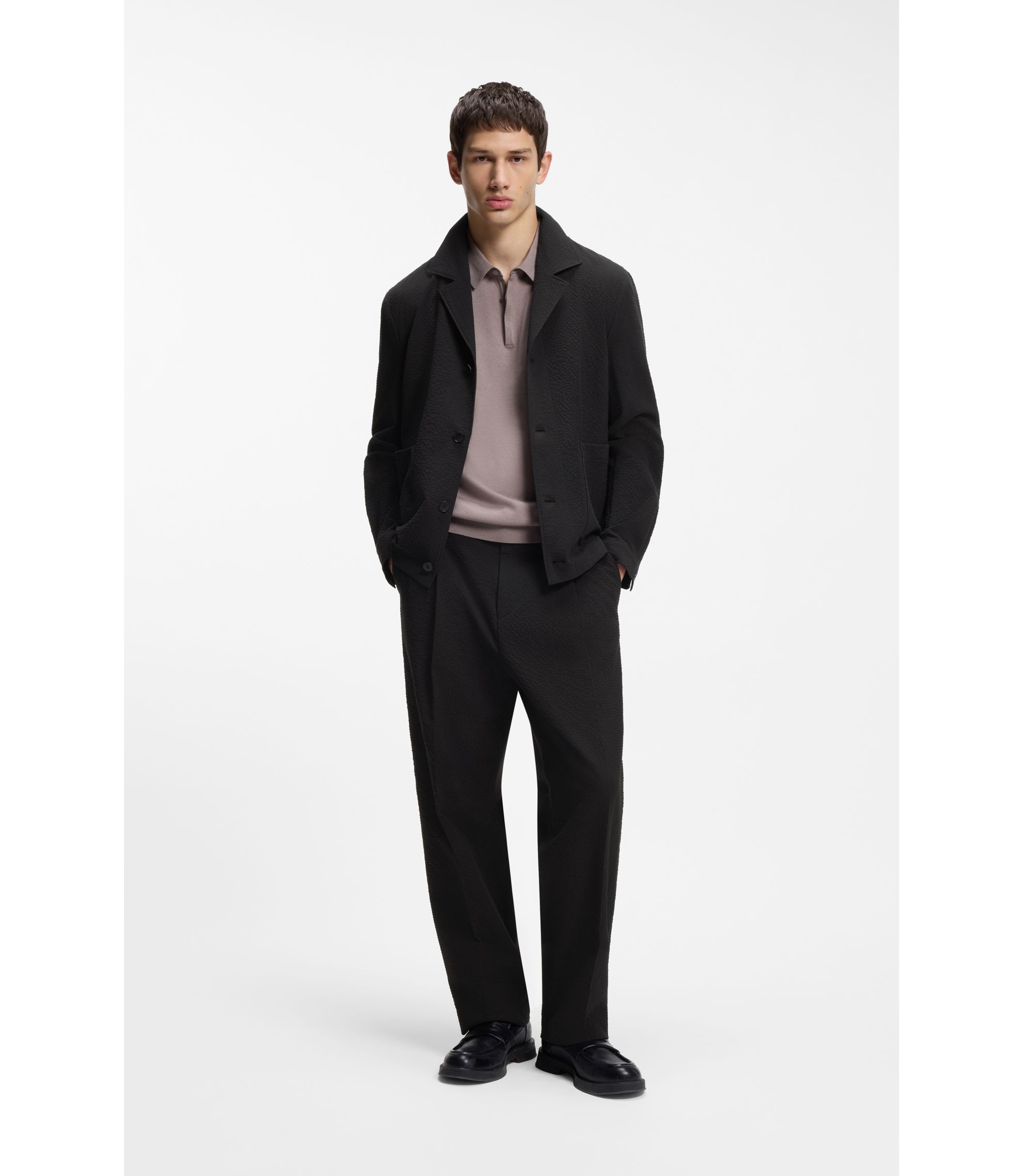 HUGO - Modern-fit jacket in stretch-cotton seersucker - Black