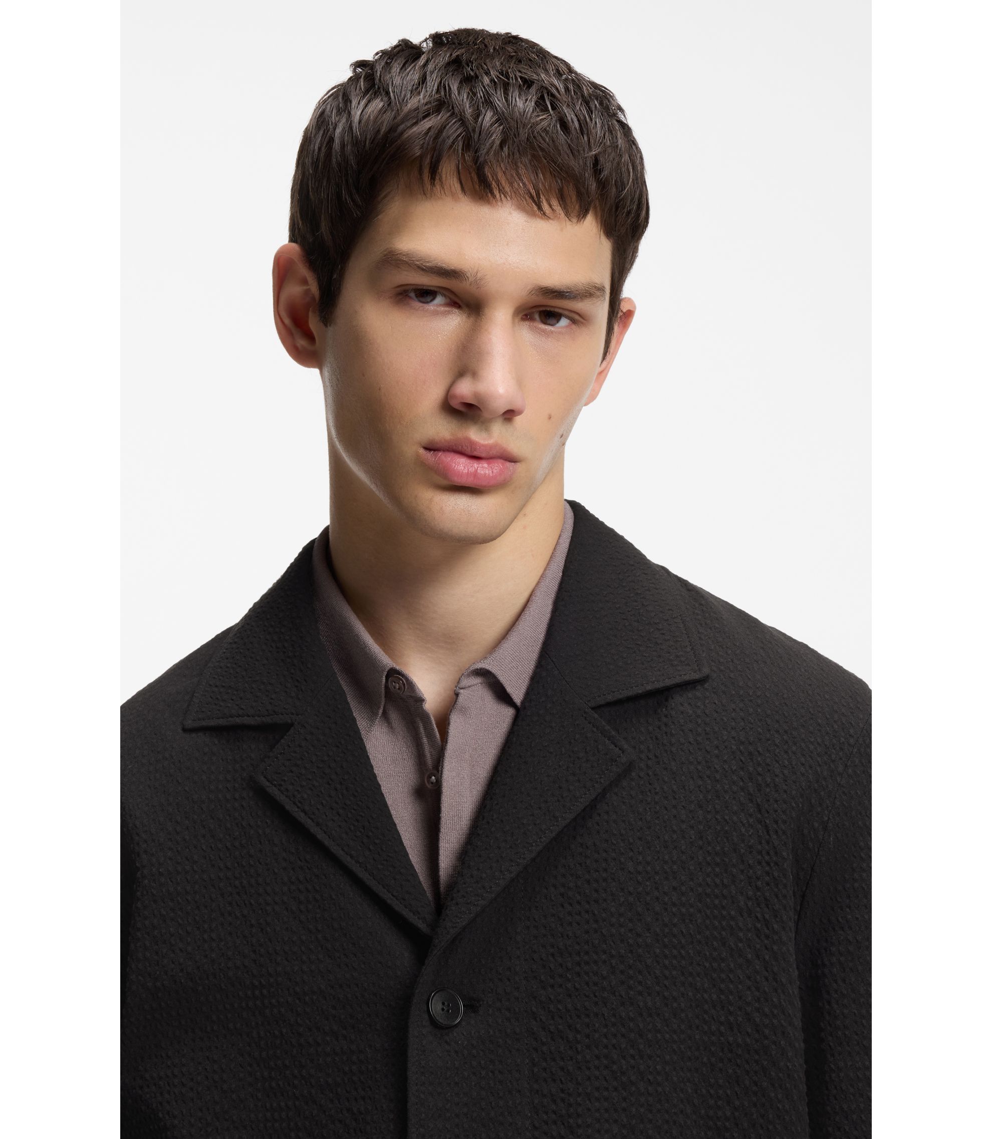 HUGO - Modern-fit jacket in stretch-cotton seersucker - Black