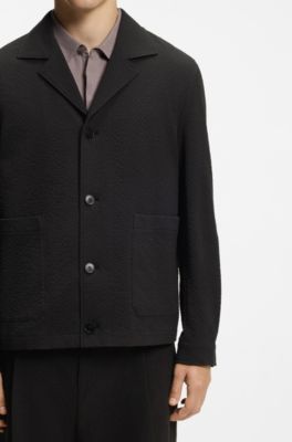 Modern-fit jacket in stretch-cotton seersucker, Black