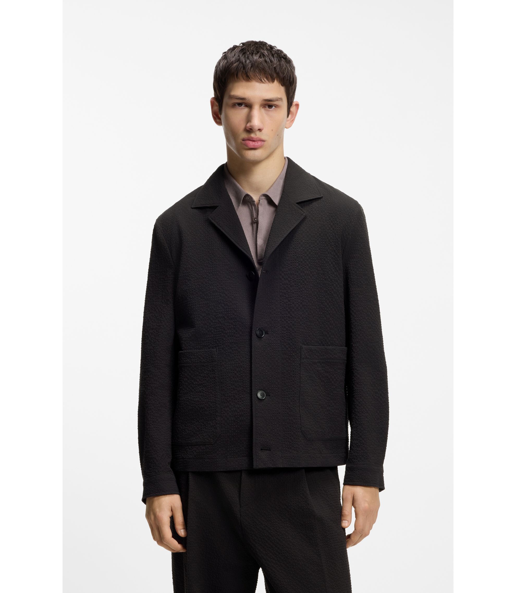 HUGO - Modern-fit jacket in stretch-cotton seersucker - Black