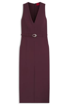 Vestido con escote en pico y detalle de hebilla, P&uacute;rpura oscuro