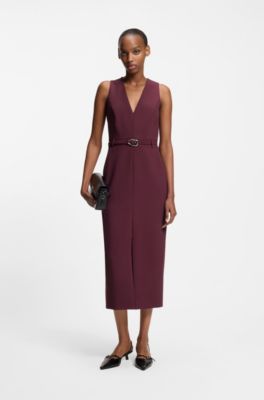 Vestido con escote en pico y detalle de hebilla, P&uacute;rpura oscuro