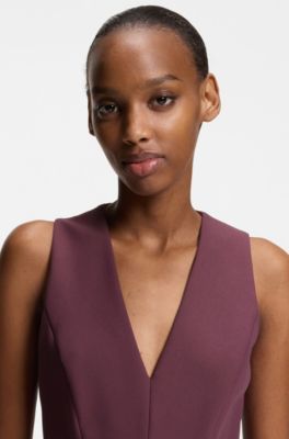 Vestido con escote en pico y detalle de hebilla, P&uacute;rpura oscuro