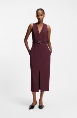 Vestido con escote en pico y detalle de hebilla, P&uacute;rpura oscuro