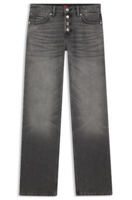 Jean droit en denim gris avec braguette boutonn&eacute;e, Argent