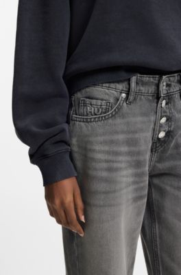 Jean droit en denim gris avec braguette boutonn&eacute;e, Argent