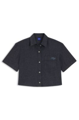 Relaxed-fit cropped blouse in lightweight denim, Dark Blue