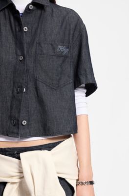 Chemisier court coupe d&eacute;contract&eacute;e en denim l&eacute;ger, Bleu fonc&eacute;