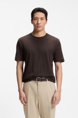 T-shirt Regular en coton et lin, Marron fonc&eacute;