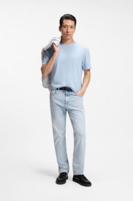 Camiseta regular fit de algod&oacute;n y lino, Celeste