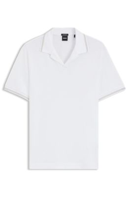 Polo de algod&oacute;n y lino con cuello abierto, Blanco