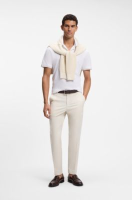 Polo de algod&oacute;n y lino con cuello abierto, Blanco