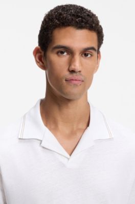 Polo de algod&oacute;n y lino con cuello abierto, Blanco