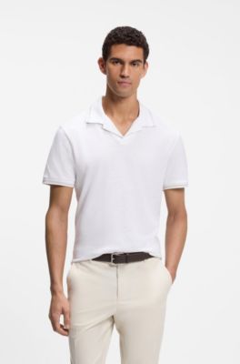 Johnny-collar polo shirt in cotton and linen, White
