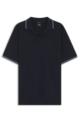 Johnny-collar polo shirt in cotton and linen, Dark Blue