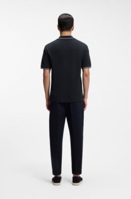 Polo de algod&oacute;n y lino con cuello abierto, Azul oscuro