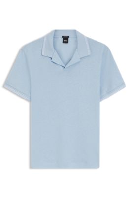 Johnny-collar polo shirt in cotton and linen, Light Blue