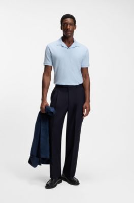 Johnny-collar polo shirt in cotton and linen, Light Blue