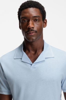 Johnny-collar polo shirt in cotton and linen, Light Blue