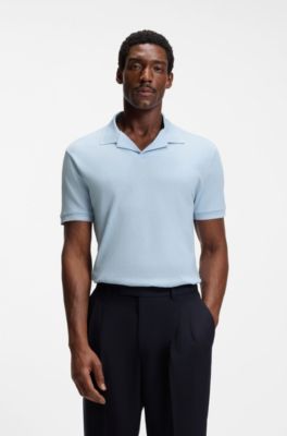 Johnny-collar polo shirt in cotton and linen, Light Blue