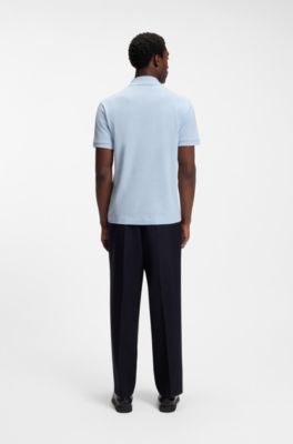 Johnny-collar polo shirt in cotton and linen, Light Blue