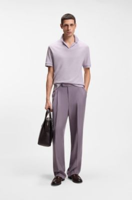 Johnny-collar polo shirt in cotton and linen, Light Purple