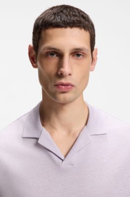 Johnny-collar polo shirt in cotton and linen, Light Purple