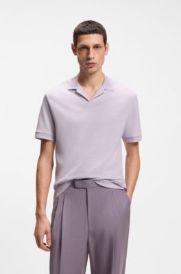 Johnny-collar polo shirt in cotton and linen, Light Purple