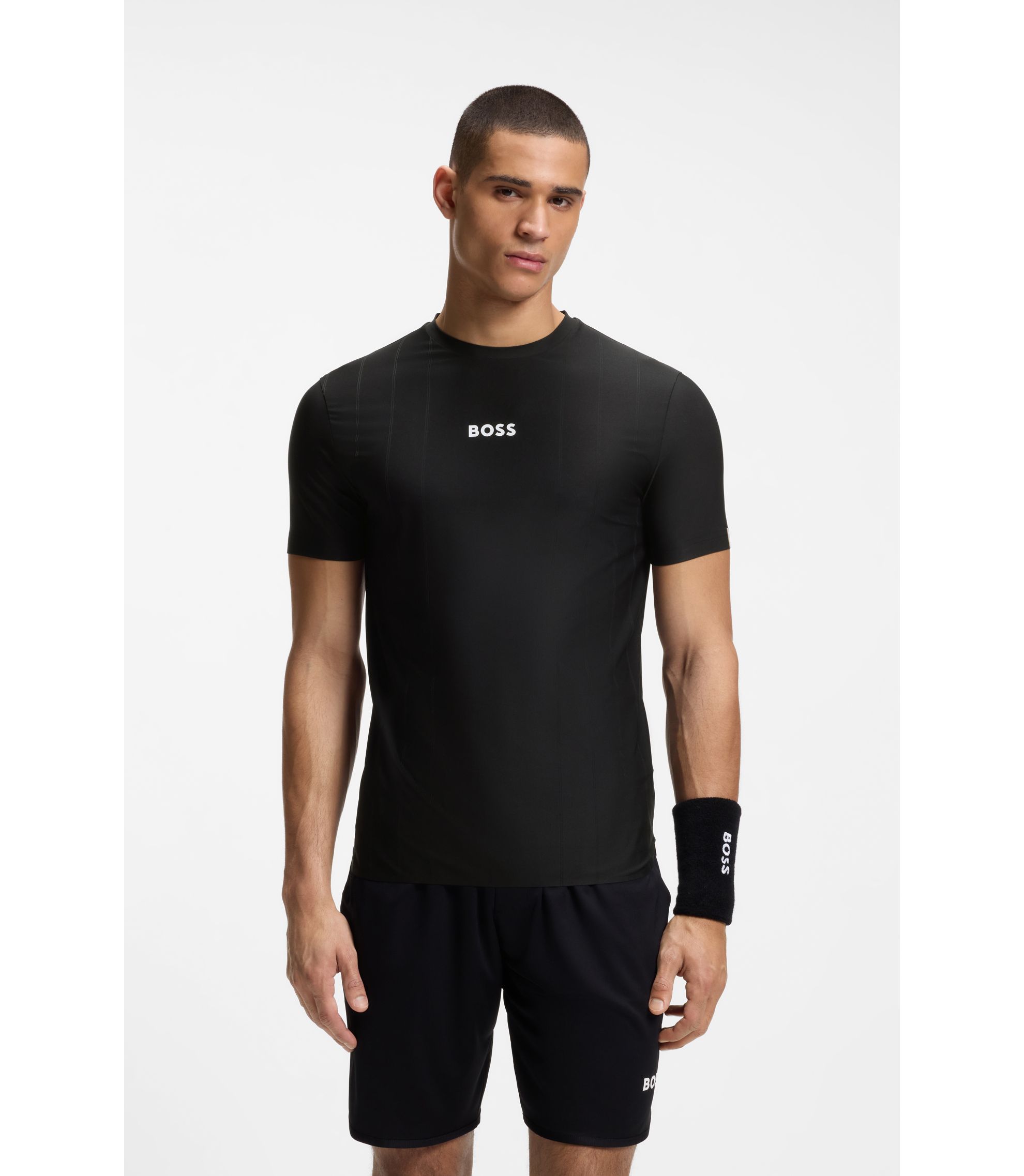 ウェア Brahim BOSS - Active Jacquard-stripe slim-fit T-shirt with logo print - Black