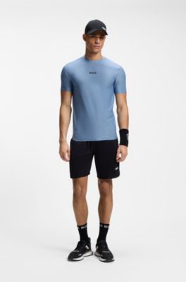 Camiseta slim fit de jacquard a rayas con logo estampado, Celeste