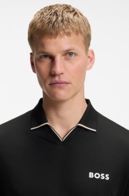 Active slim-fit polo shirt with signature-stripe details, Black