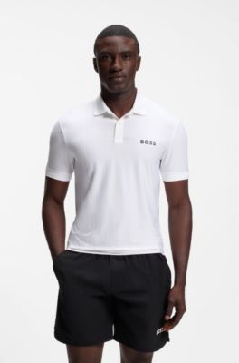 Active Polo Slim Fit en jersey ray&eacute; avec &eacute;tirement quadridirectionnel, Blanc