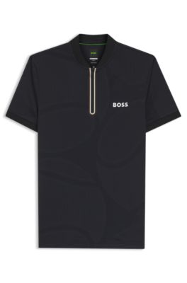 Polo slim fit en punto con detalles anat&oacute;micos y cuello con cremallera, Negro