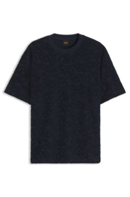 T-shirt en coton m&eacute;lang&eacute; avec jacquard &agrave; fleurs, Bleu fonc&eacute;