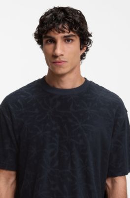 Floral-jacquard T-shirt in a cotton blend, Dark Blue