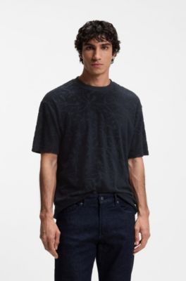 Floral-jacquard T-shirt in a cotton blend, Dark Blue