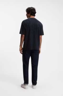 Floral-jacquard T-shirt in a cotton blend, Dark Blue