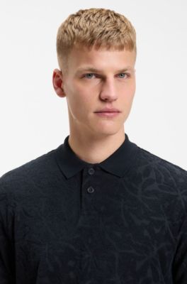 Floral-jacquard polo shirt in a cotton blend, Dark Blue