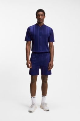 Shorts de punto de algod&oacute;n con rayas mate y brillantes, Azul oscuro