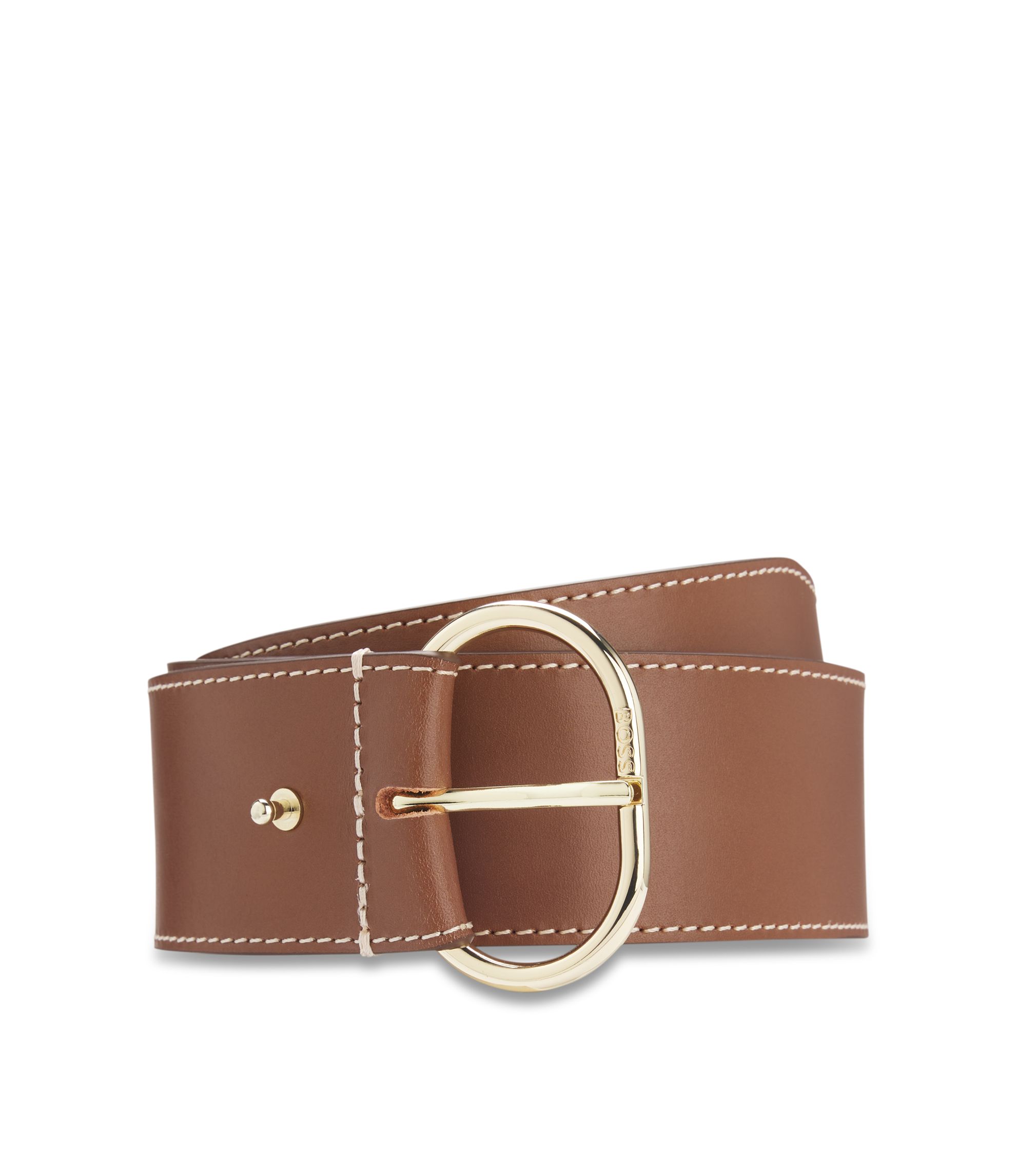 BOSS Leather belt with gold-tone buckle, Women, Size: 28, brown
