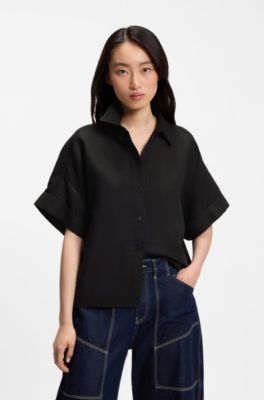 Blusa regular fit con pu&ntilde;os enrollados, Negro