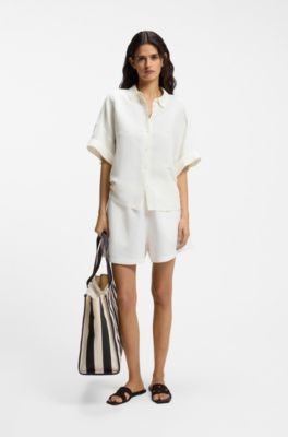 Blusa regular fit con pu&ntilde;os enrollados, Blanco