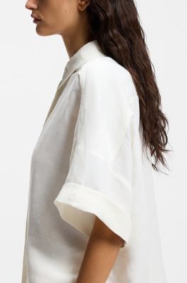 Blusa regular fit con pu&ntilde;os enrollados, Blanco